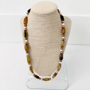 NWT Genuine Carnelian & Pearl Beaded Necklace Yellow Orange White